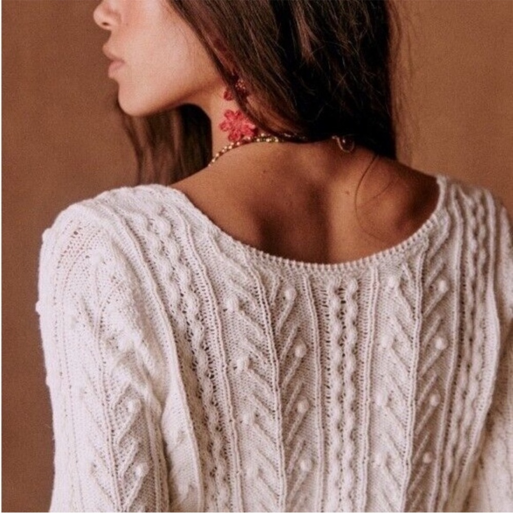 SEZANE Rose Pink Lilac Pom Pom Texture Cableknit Balloon Sleeve Beryl Cardigan - Picture 12 of 15